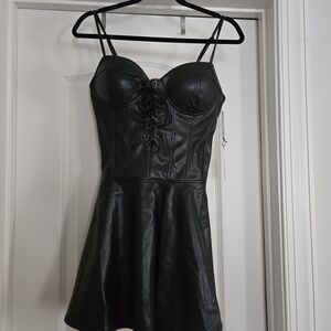 Black Faux Leather Lace-Up Bustier Dress